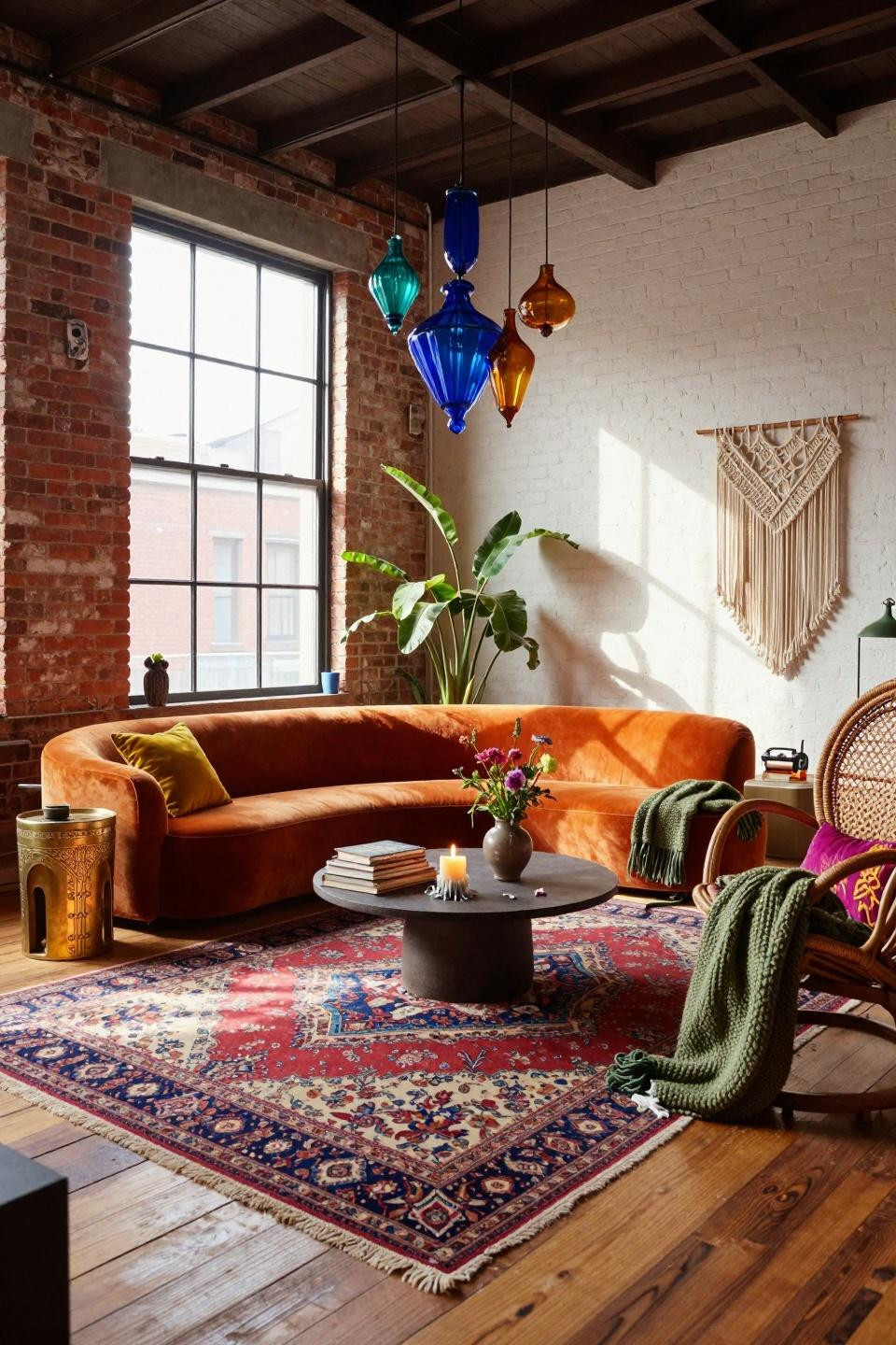 funky home decor - burnt orange sofa with layered rugs