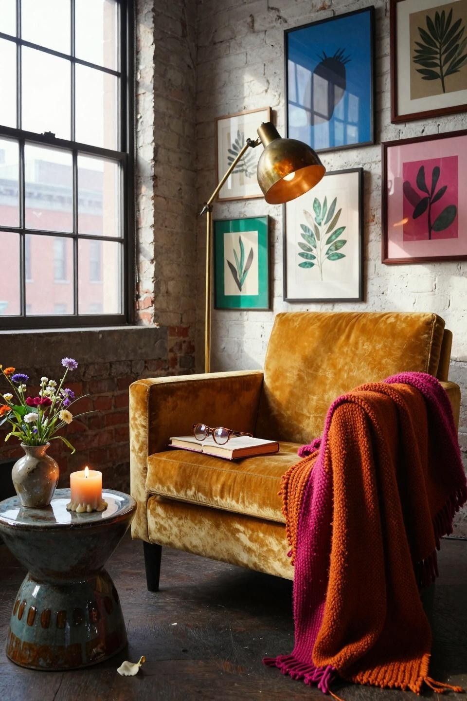 funky home decor - mustard velvet chair with colorful frames