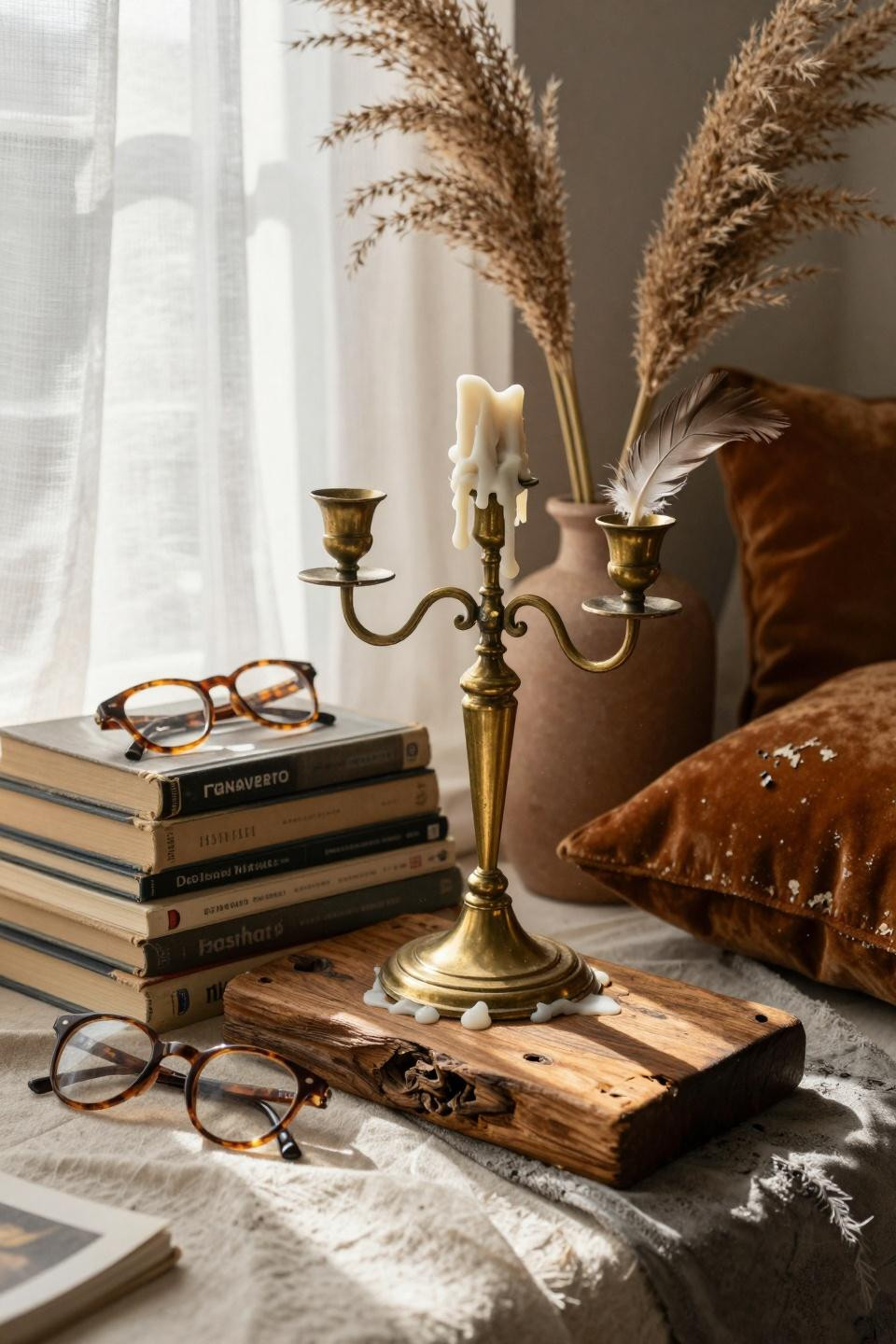 funky home decor - brass candelabra with layered textures