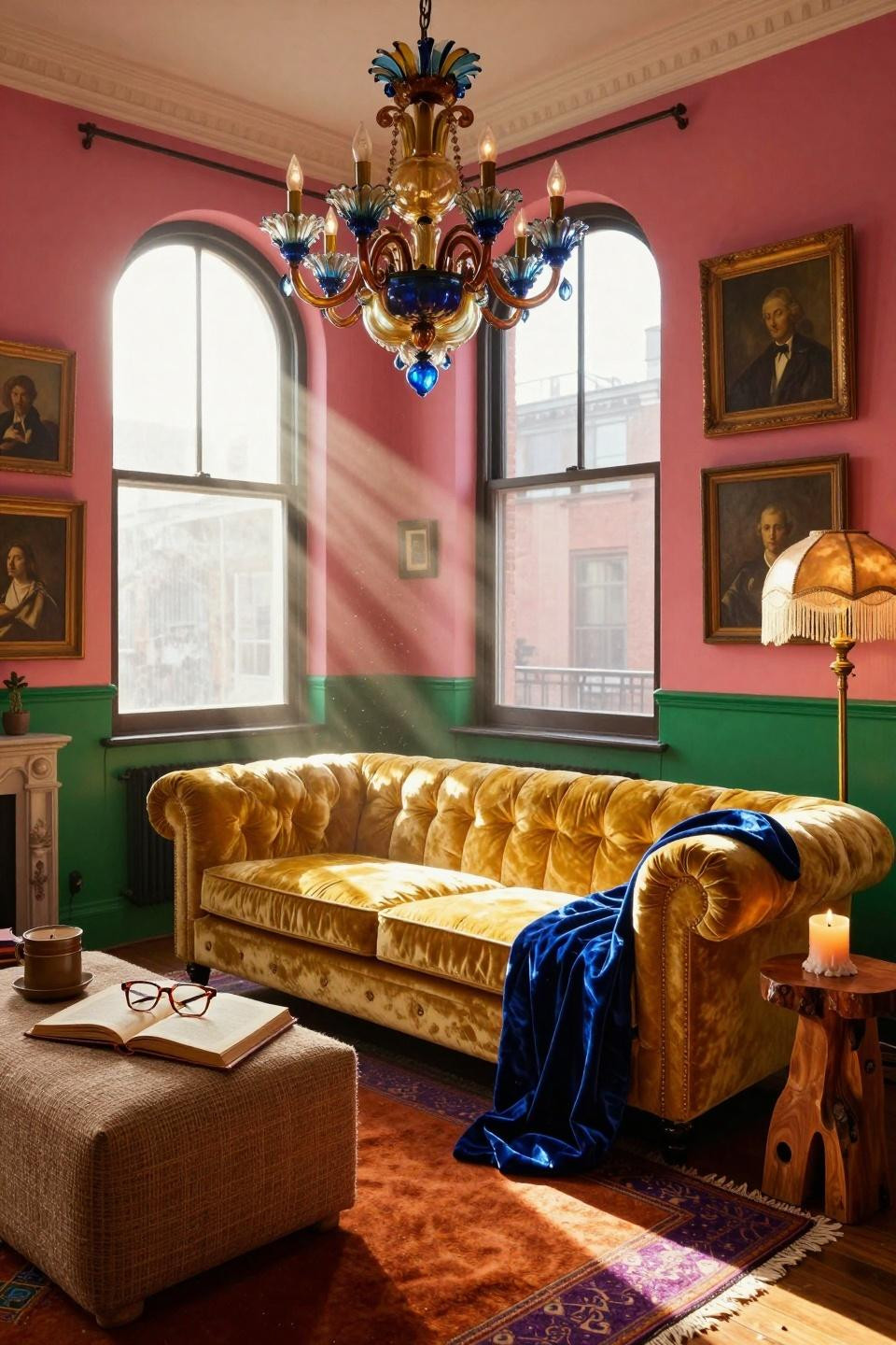 funky home decor - emerald sofa with terracotta walls