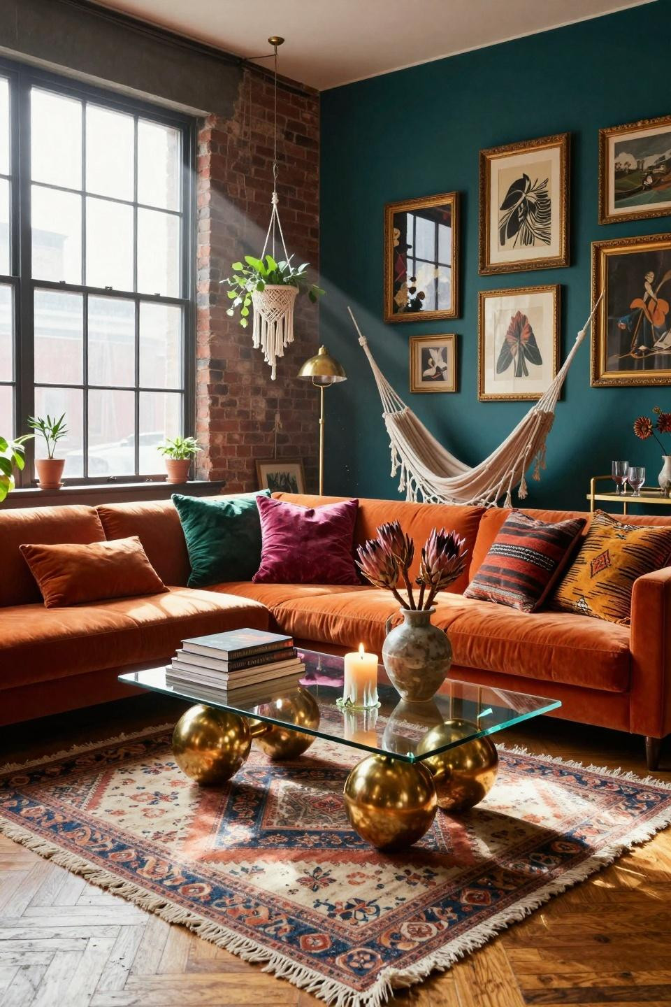 funky home decor - teal walls with burnt orange sofa