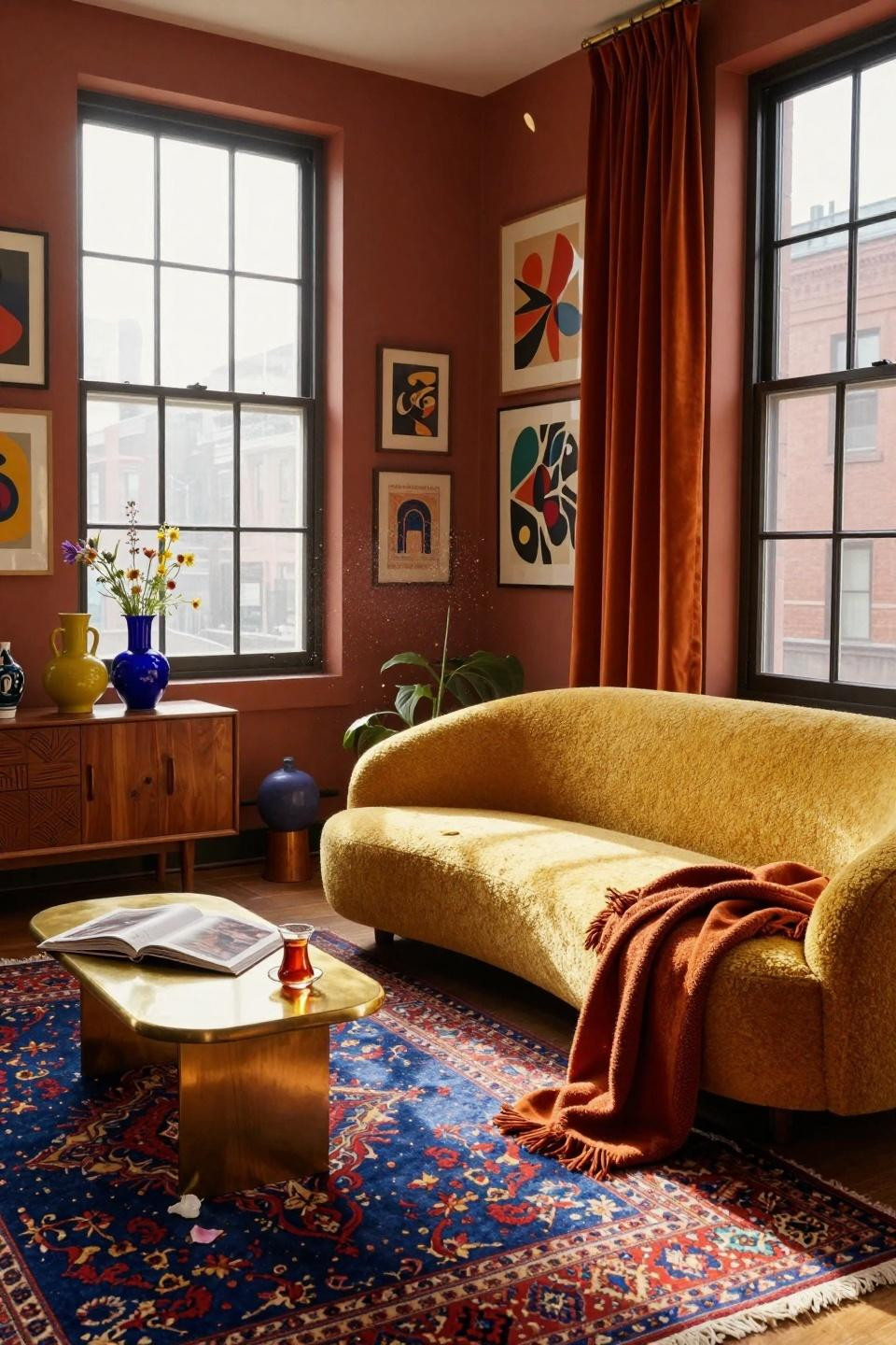 funky home decor - jewel-toned rug with terracotta walls