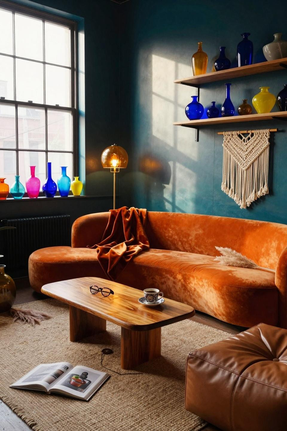 funky home decor - burnt orange sofa with jewel-toned accents