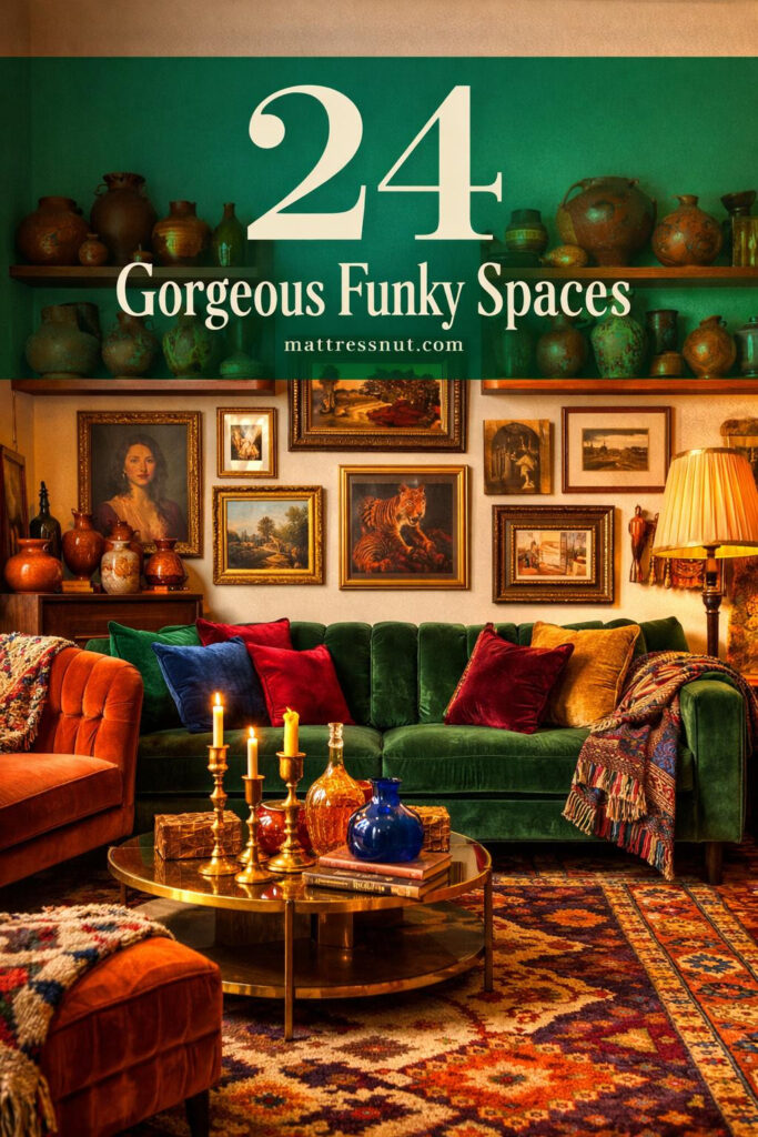 Vibrant eclectic living space featuring bold colored furniture, mismatched patterns, quirky art pieces, and playful accessories