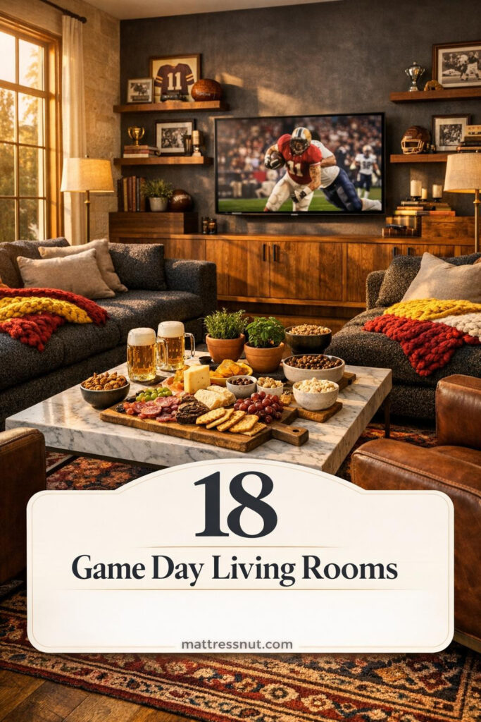 Charcoal sectional sofa with team color throws, marble coffee table with charcuterie, vintage sports memorabilia, elegant entertaining space