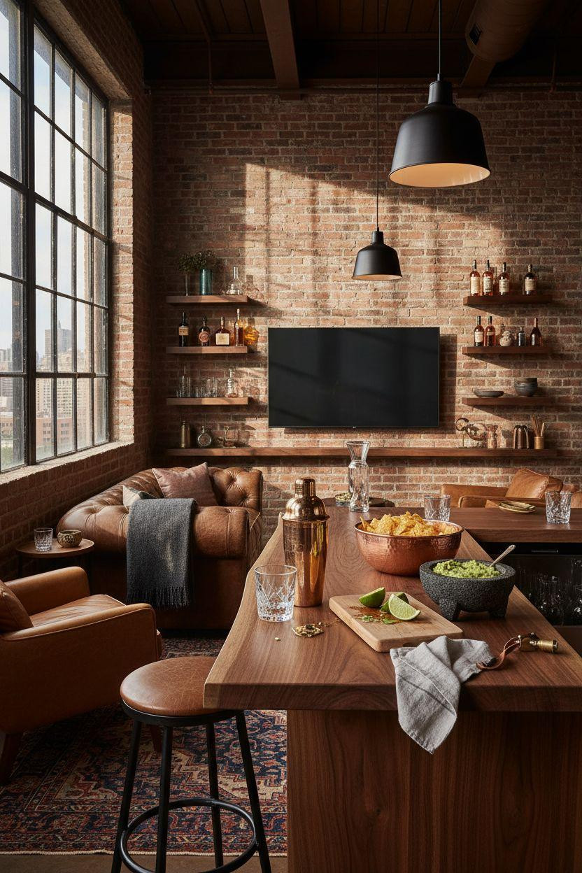 game day party setup featuring crystal decanters and brass accents