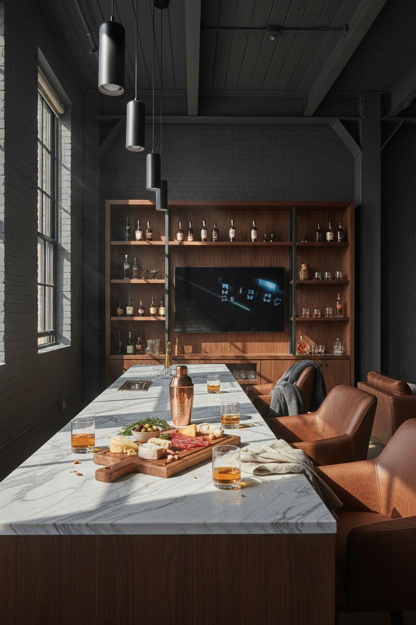 game day party setup featuring floor-to-ceiling storage and marble bar