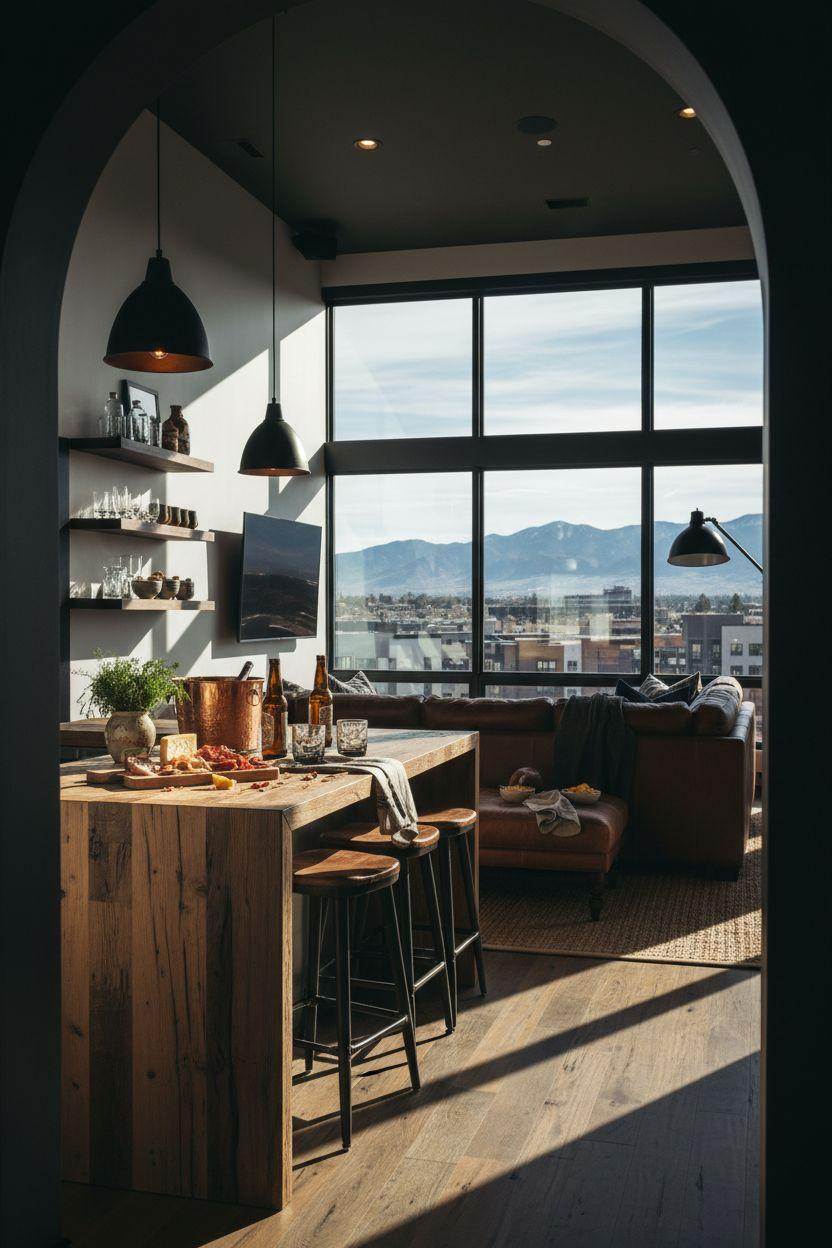game day party setup with arched doorway and reclaimed oak bar