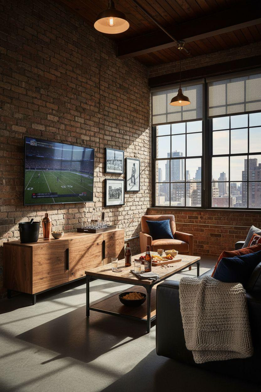 game day party setup with mounted screen and vintage touches