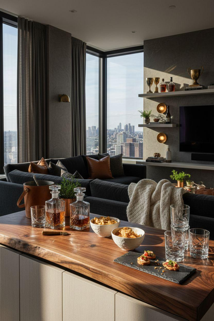 game day party setup featuring floating shelves and bar cart