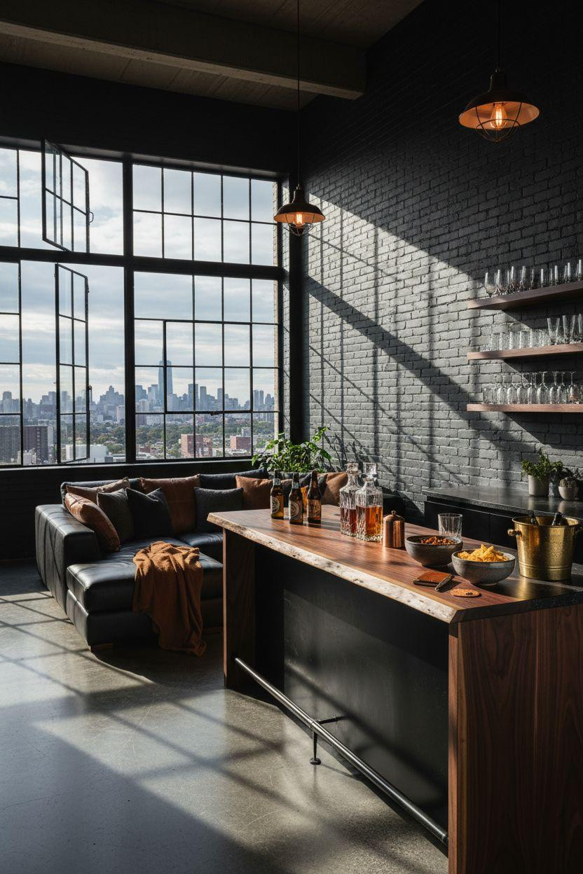 game day party setup with dramatic lighting and walnut bar