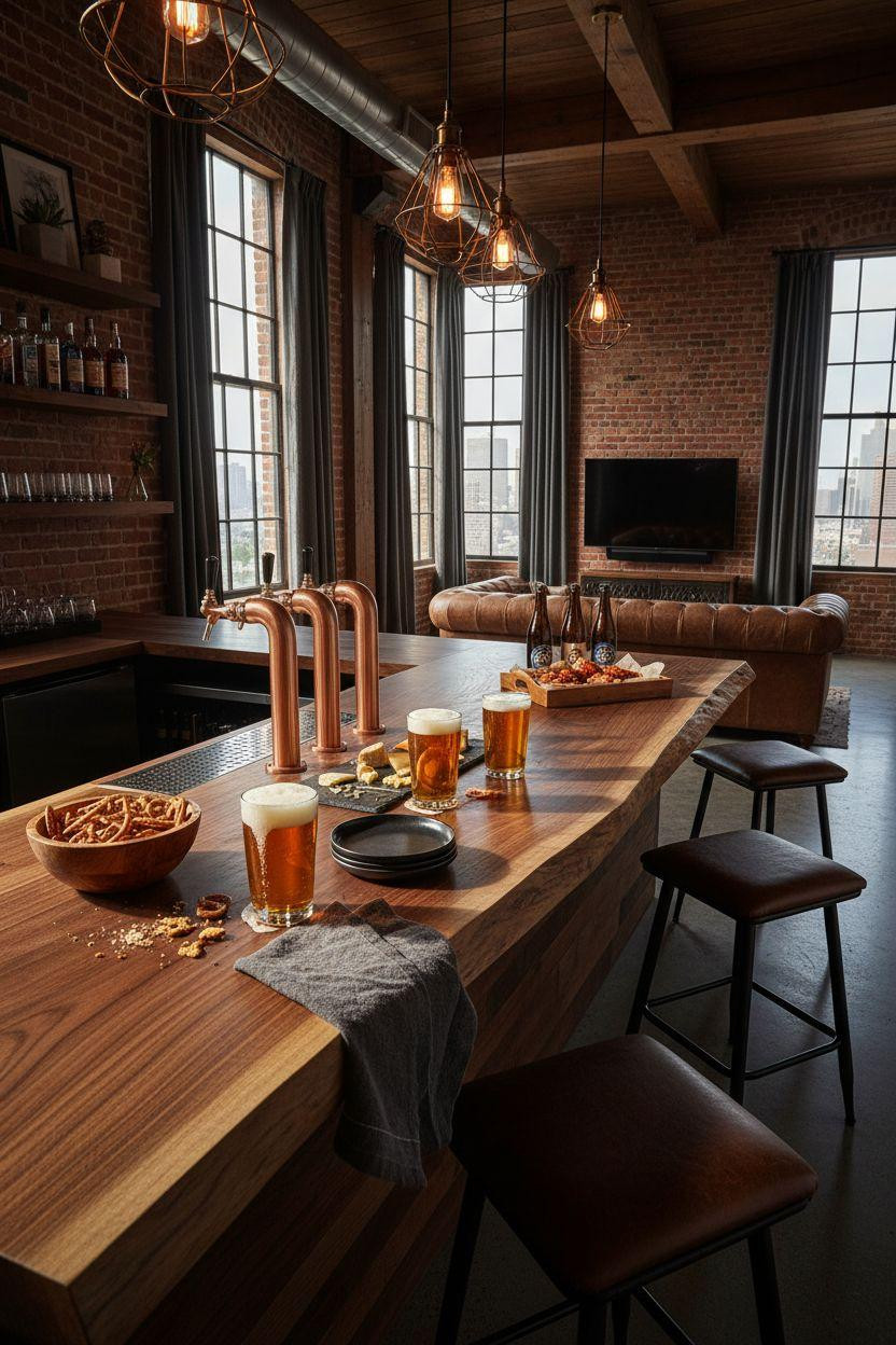 game day party setup with copper beer taps and slate cheese board