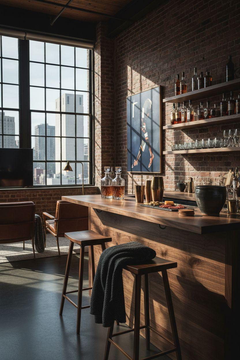 game day party setup featuring custom bar counter and floating shelves