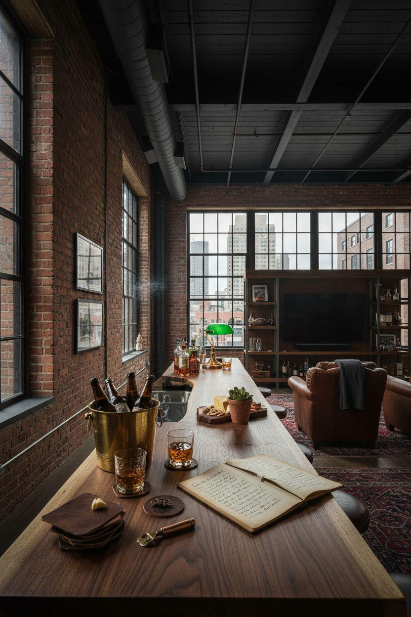 game day party setup with theatrical lighting and walnut bar