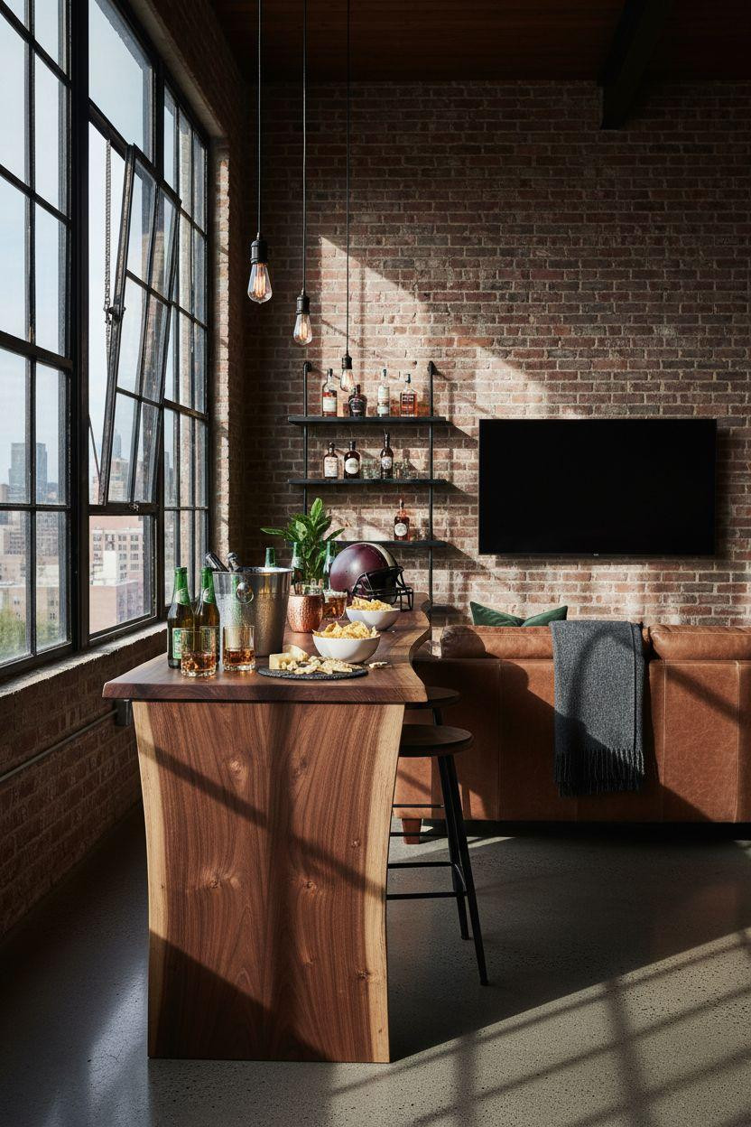 game day party setup showing bar console and window lighting