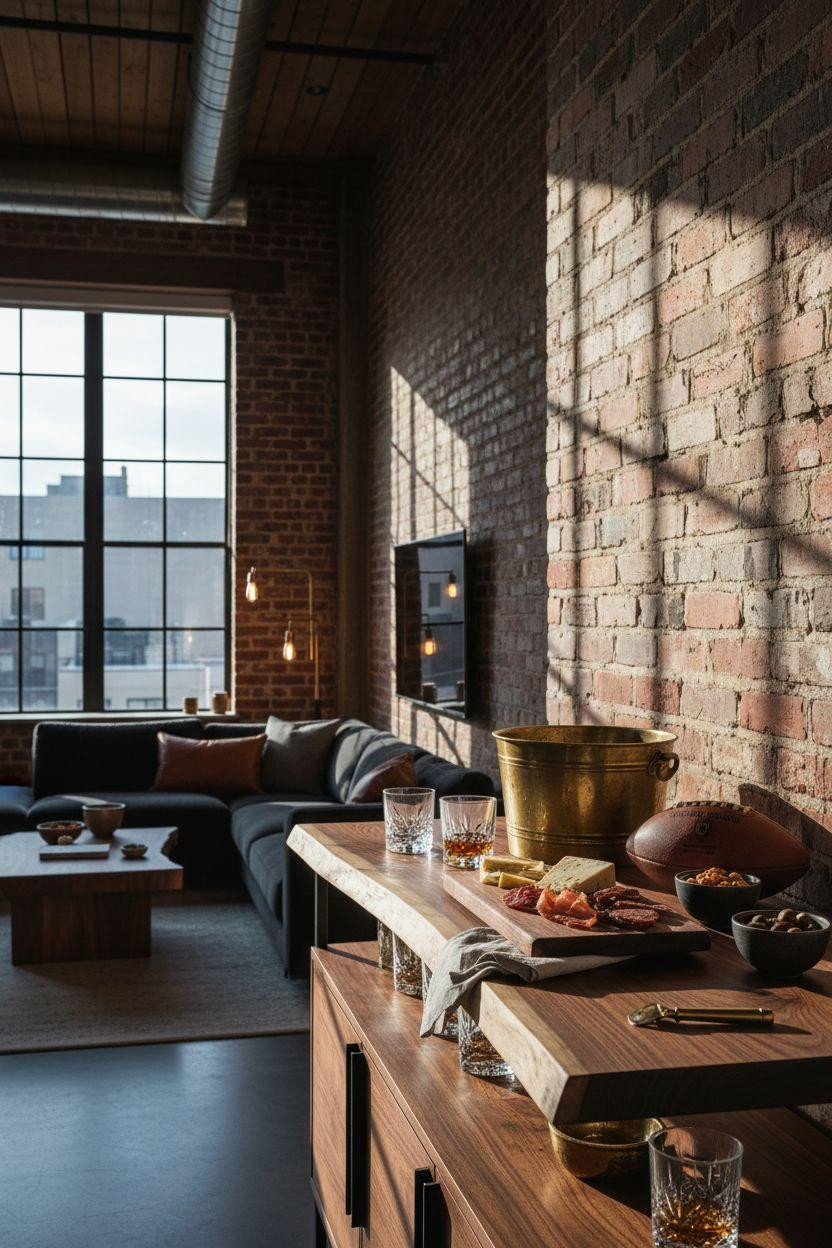 game day party setup with dramatic natural light and black walnut bar