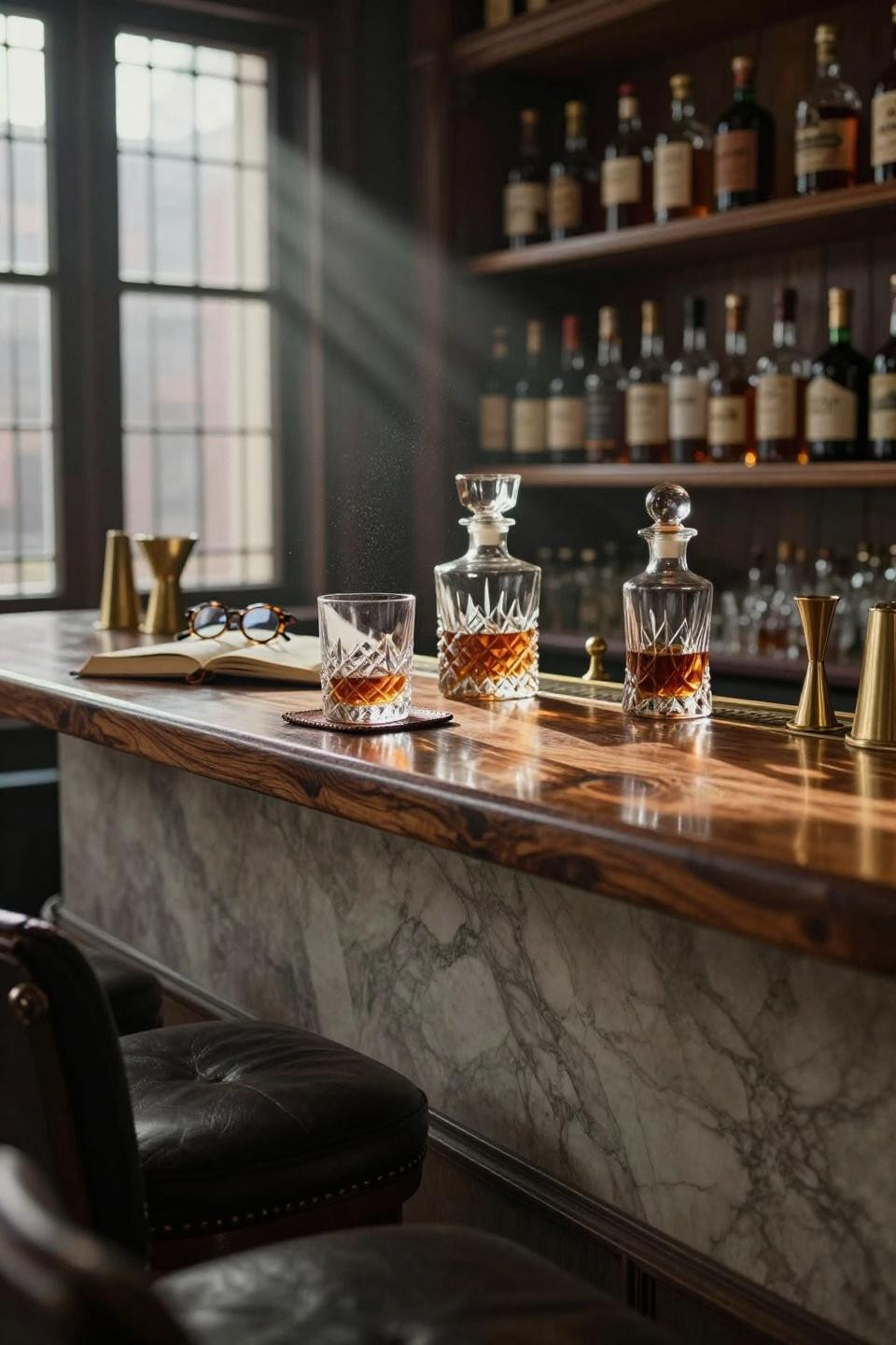 Speakeasy room ideas showcasing walnut bar and crystal decanters