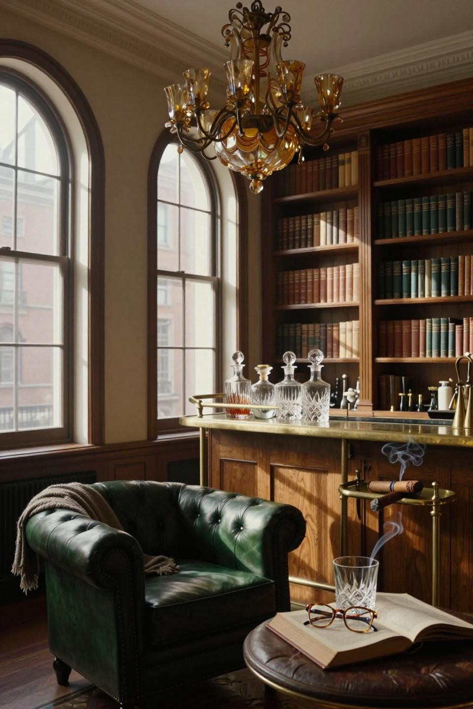 Speakeasy room ideas featuring library bar with green leather chairs