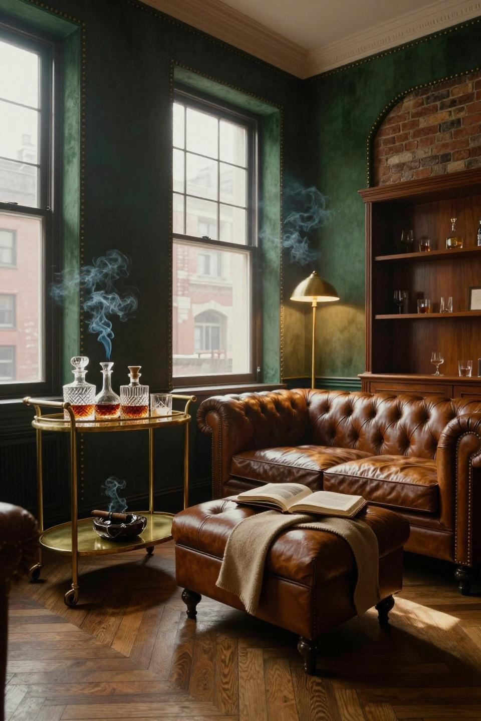 Speakeasy room ideas with brass bar cart and tufted Chesterfield sofa