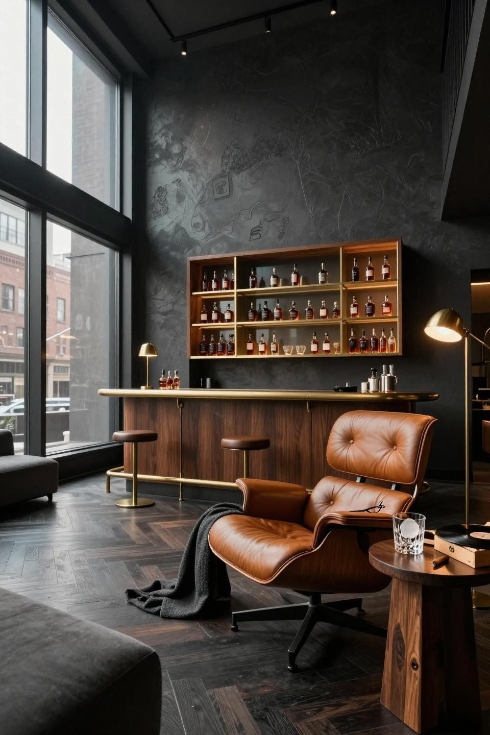 Speakeasy room ideas with minimal charcoal palette and brass accents