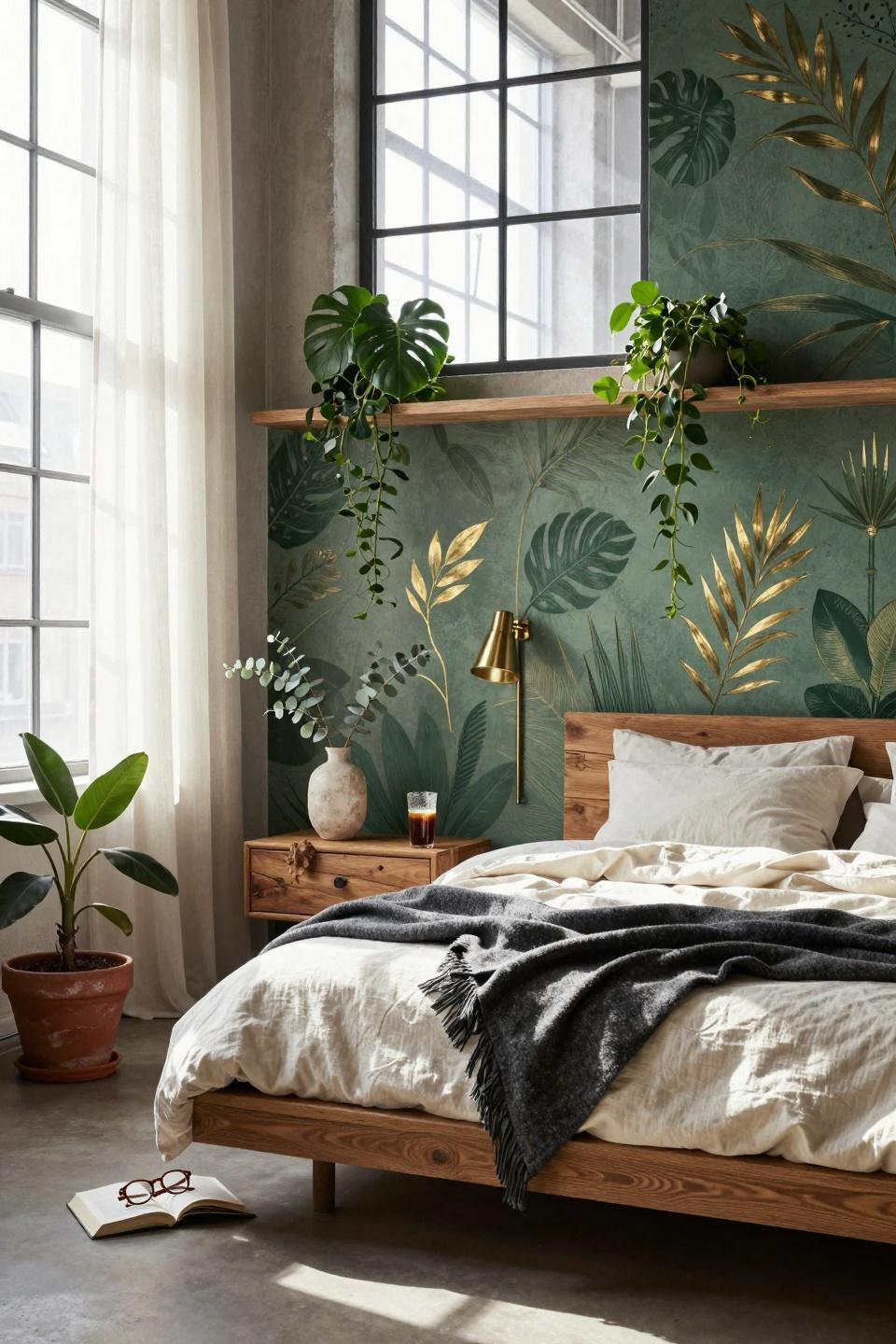 Master Bedrooms With Accent Wall - emerald wallpaper with brass botanical pattern