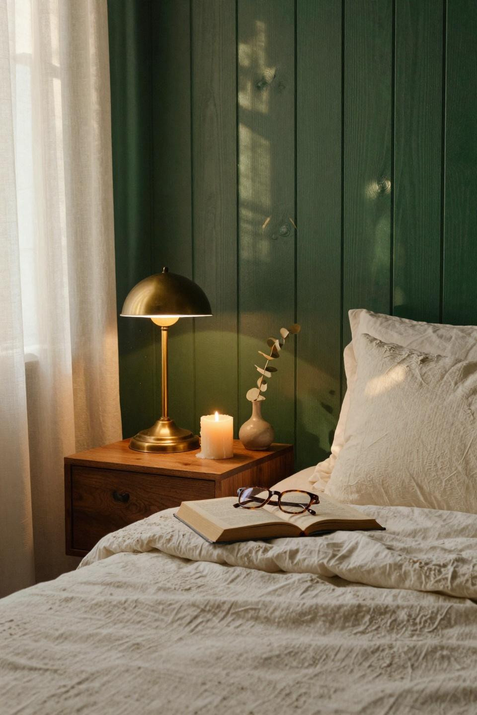 Master Bedrooms With Accent Wall - forest green wood paneling behind bed