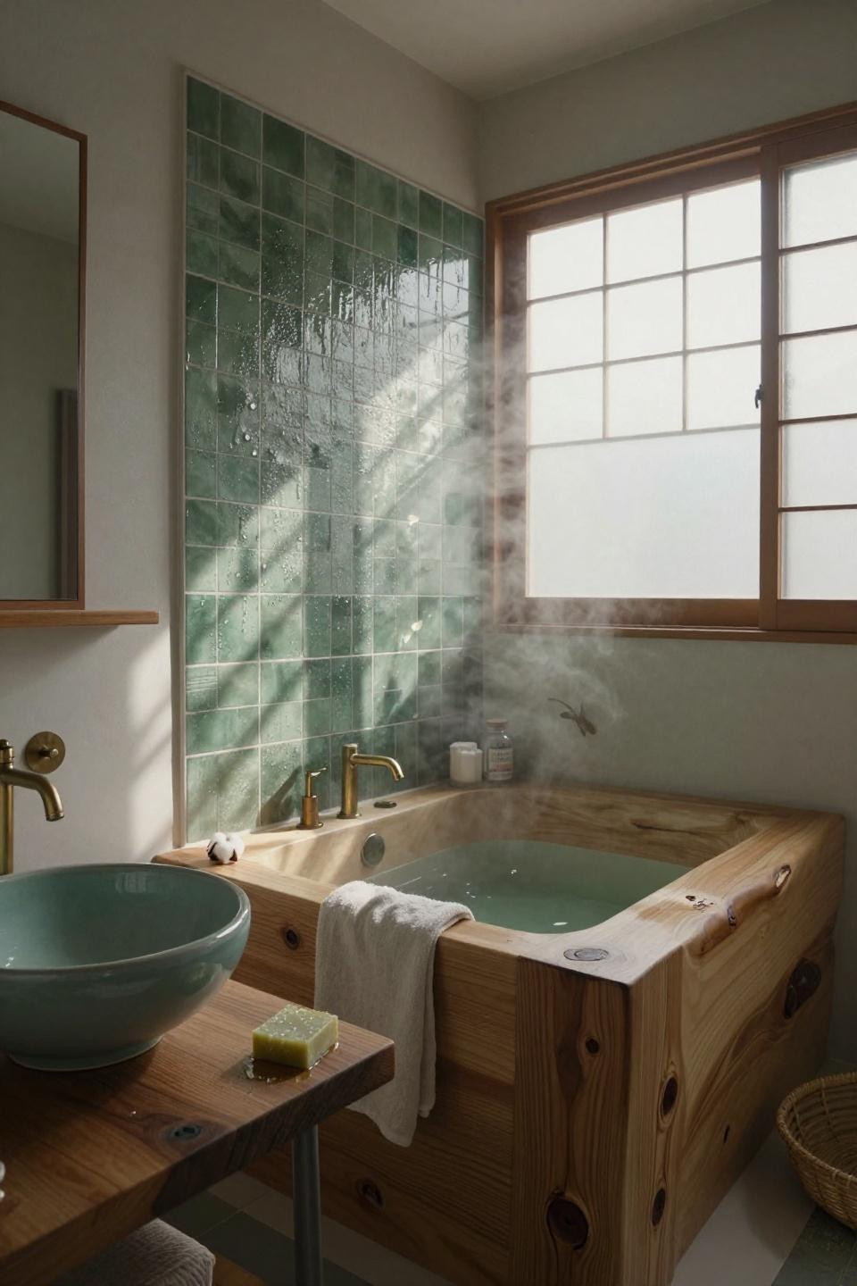 Green bathroom with hinoki wood soaking tub and forest green tiles