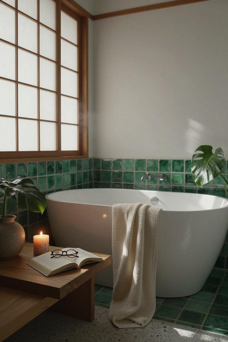 Green bathroom with white soaking tub and emerald lower walls