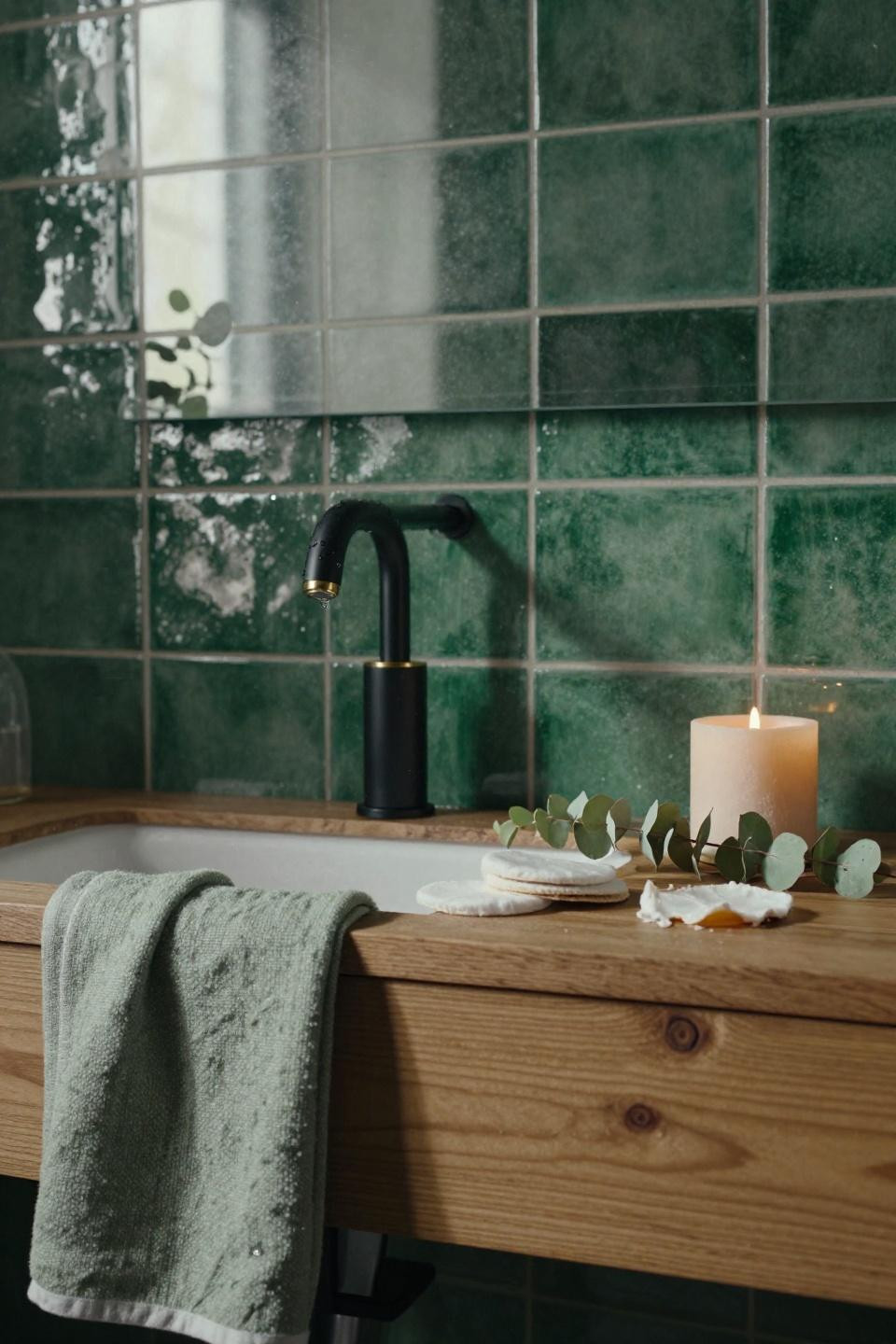 Green bathroom with matte black faucet and brass details on teak vanity