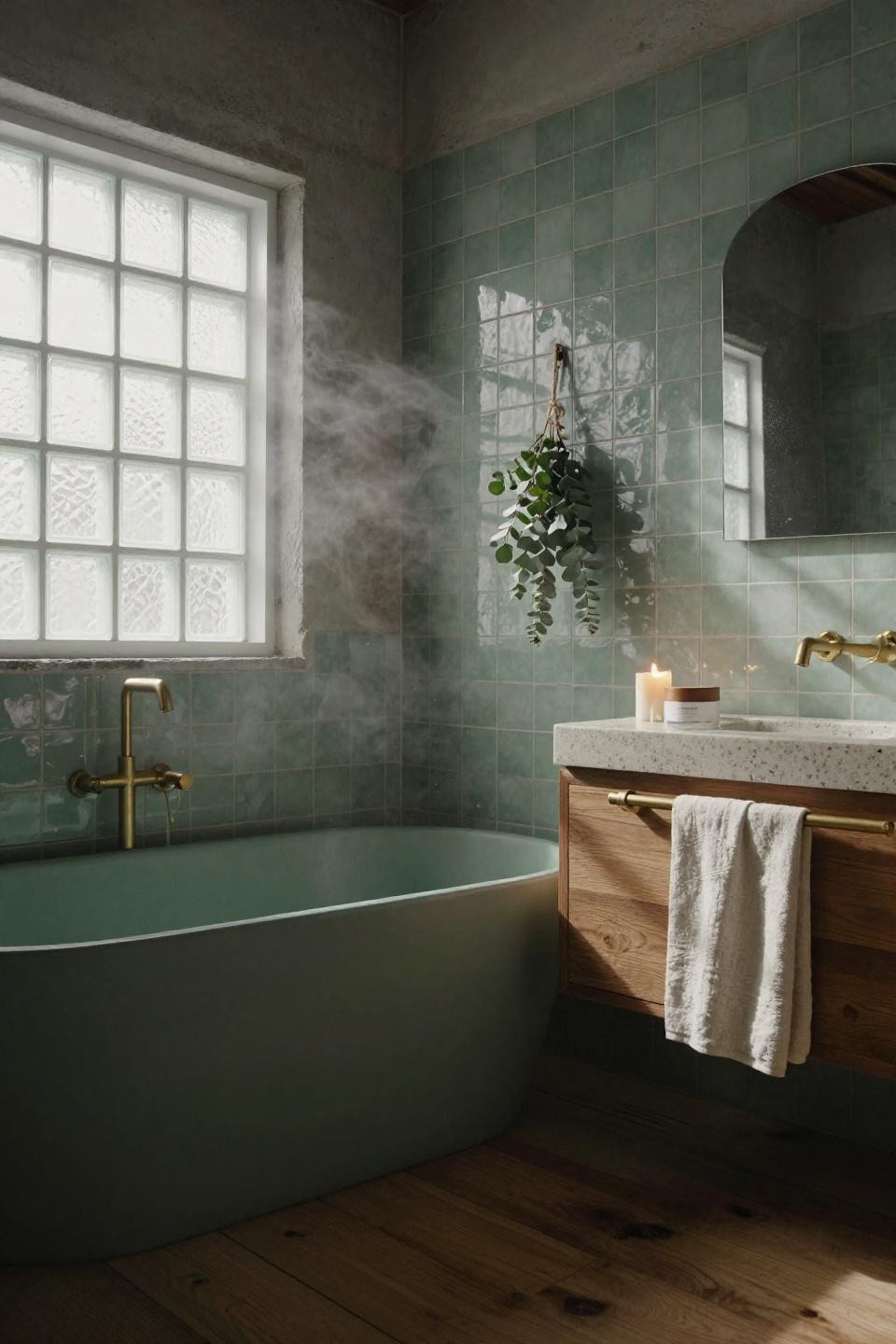 Green bathroom in warehouse loft with forest green soaking tub