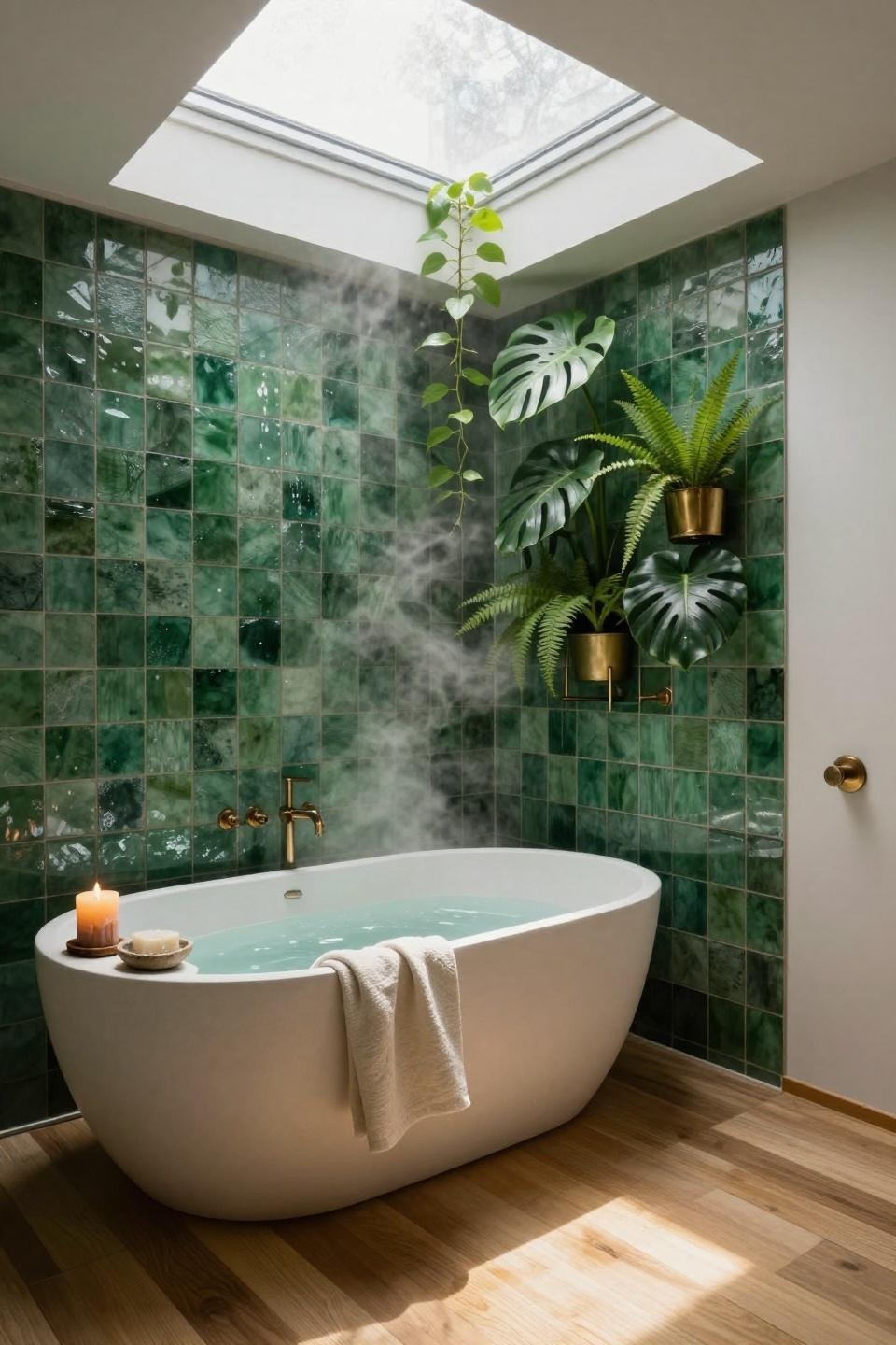 Green bathroom with freestanding tub and living plant wall