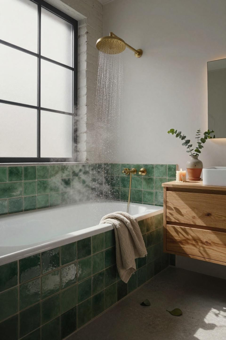 Green bathroom with brass rainfall showerhead and moss zellige tiles