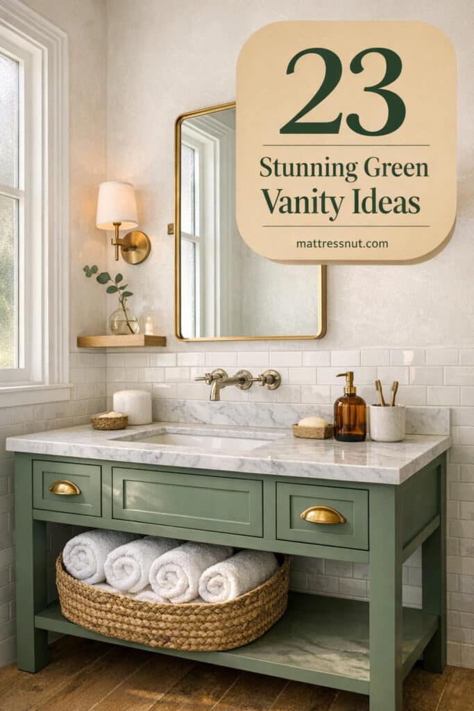 Sage green shaker vanity cabinet with honed Carrara marble top, brass hardware, white subway tile backsplash, and natural light