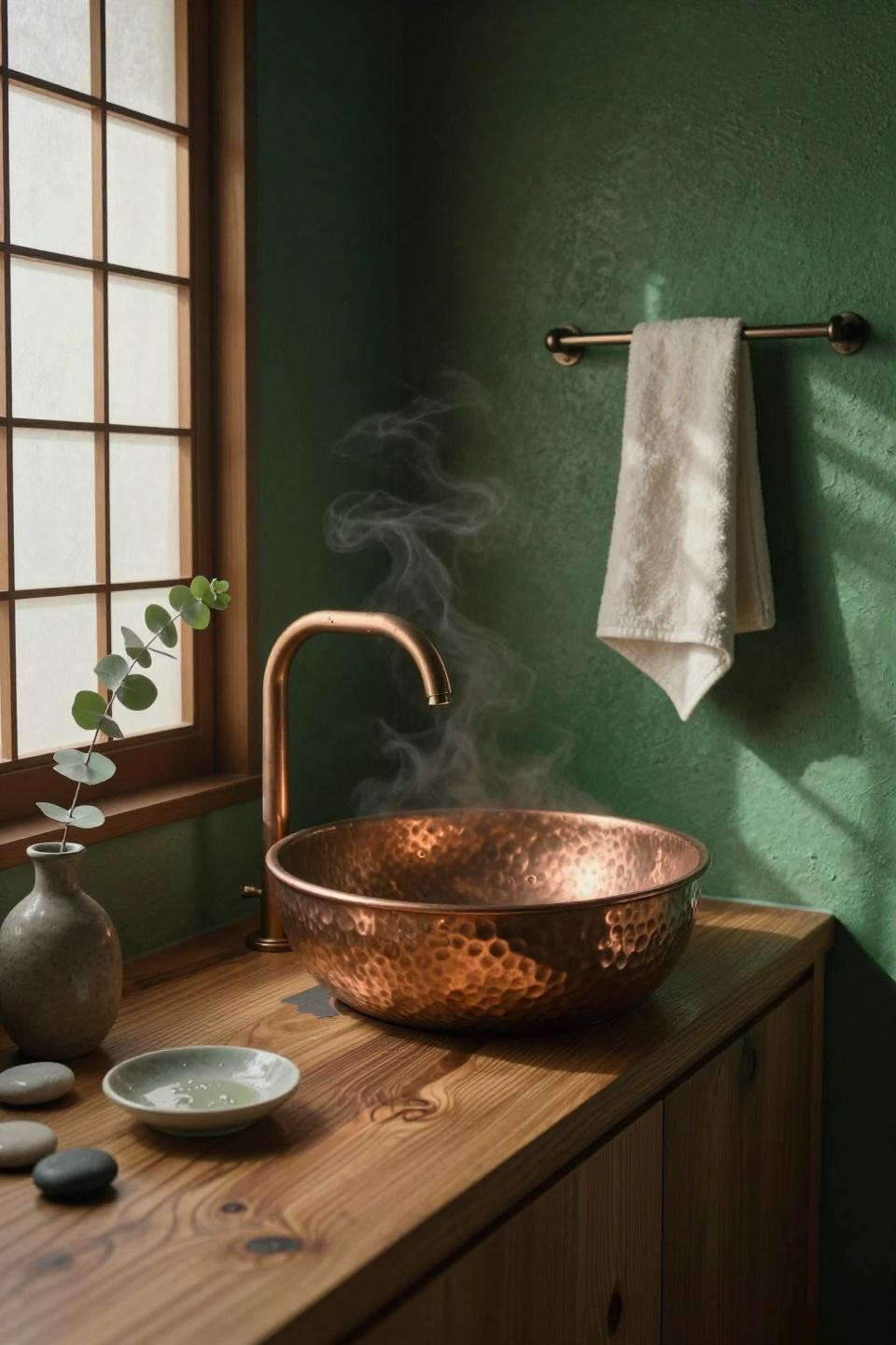 Green bathroom with hammered copper sink on cedar countertop