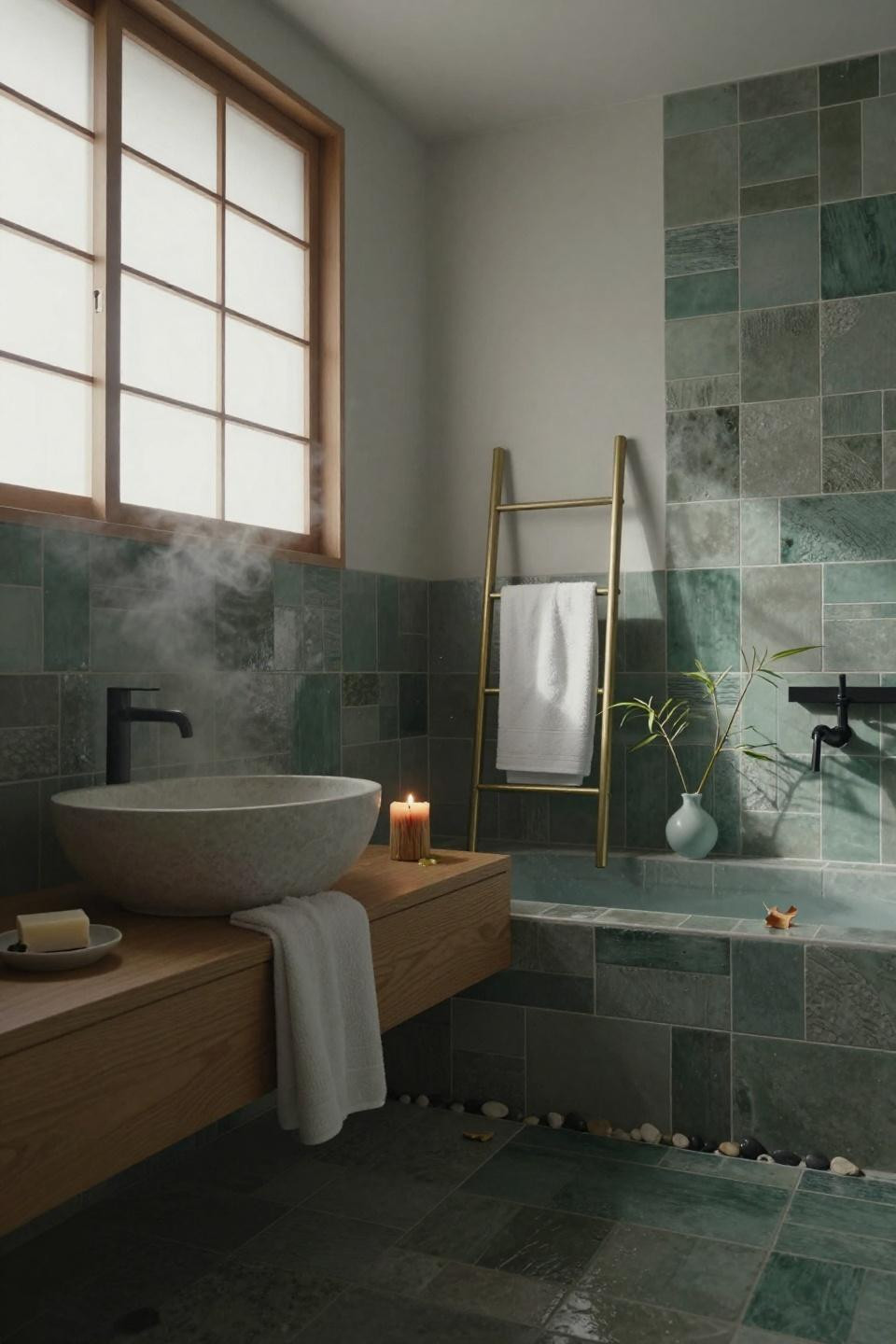 Green bathroom with sage zellige tiles and natural oak vanity