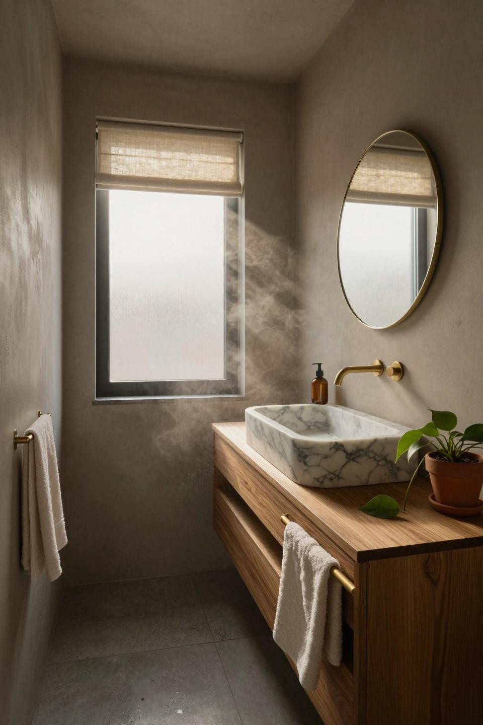 Guest Bathroom Ideas - floating vanity with concrete floors and brass accents