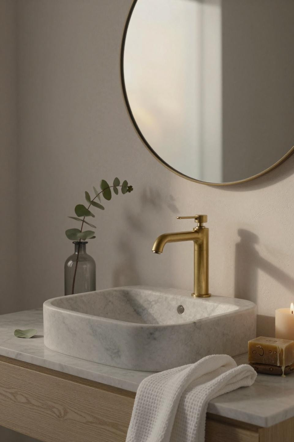 Guest Bathroom Ideas - vessel sink with brass faucet and round mirror