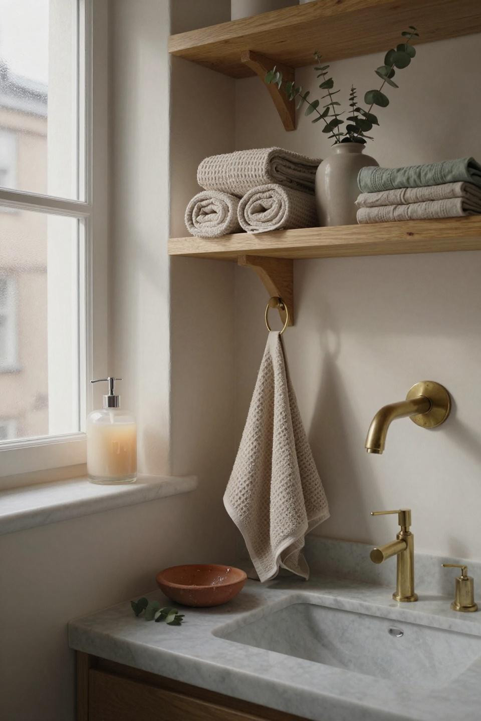 Guest Bathroom Ideas - floating oak shelves with linen towels and brass fixtures