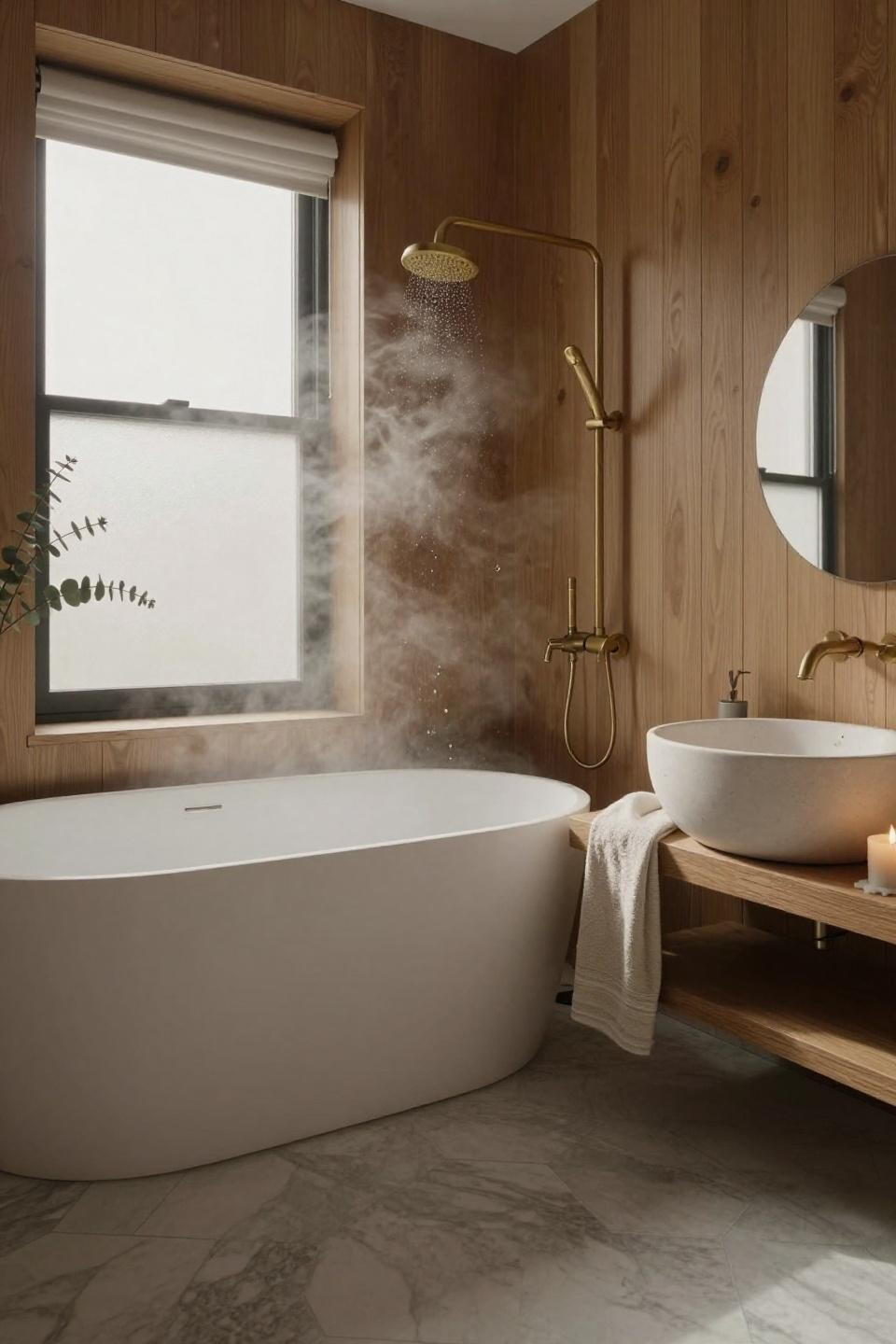 Guest Bathroom Ideas - oval tub with oak wall slats and hexagonal marble floor