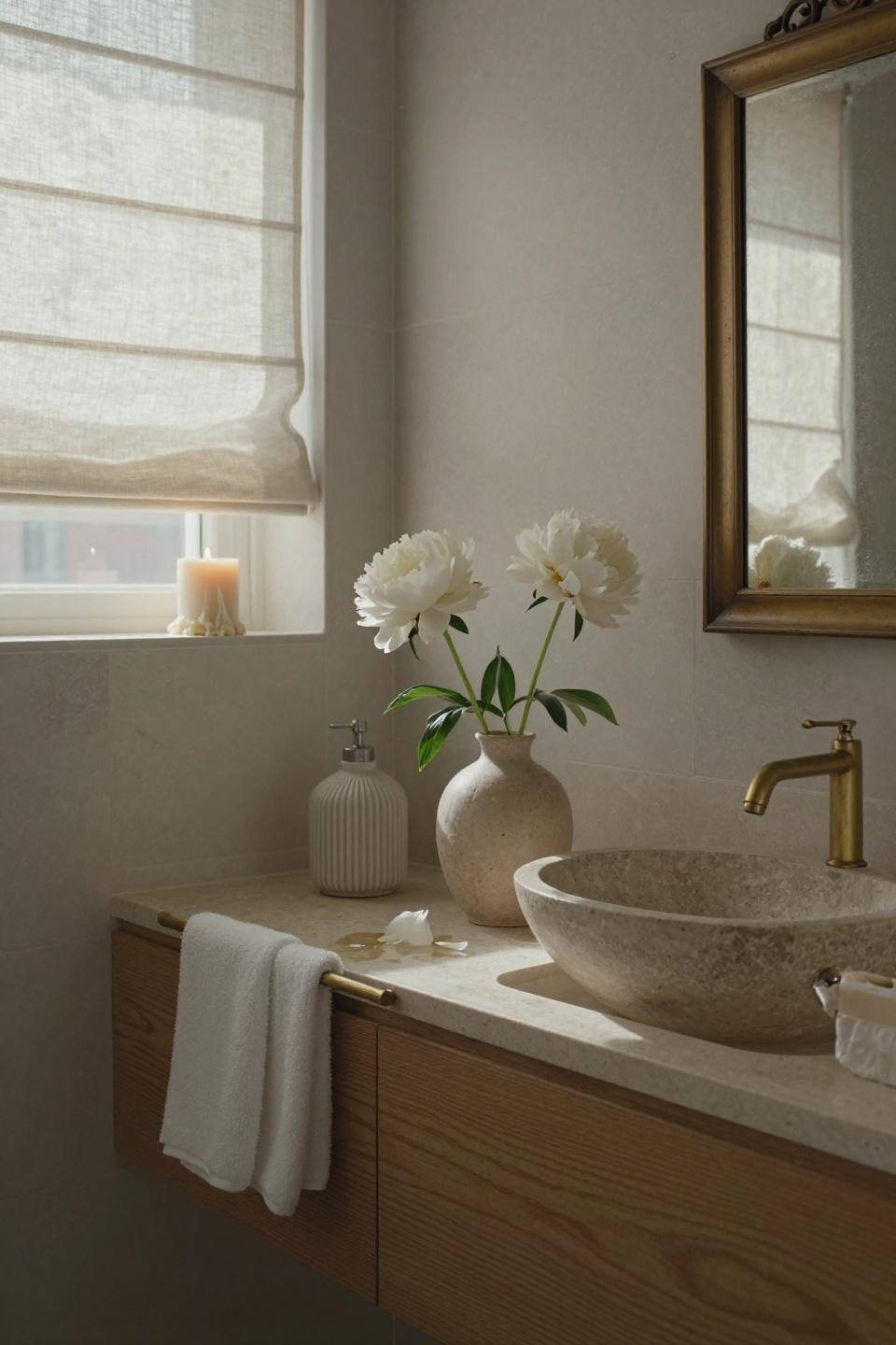 Guest Bathroom Ideas - vessel sink with travertine walls and brass faucet