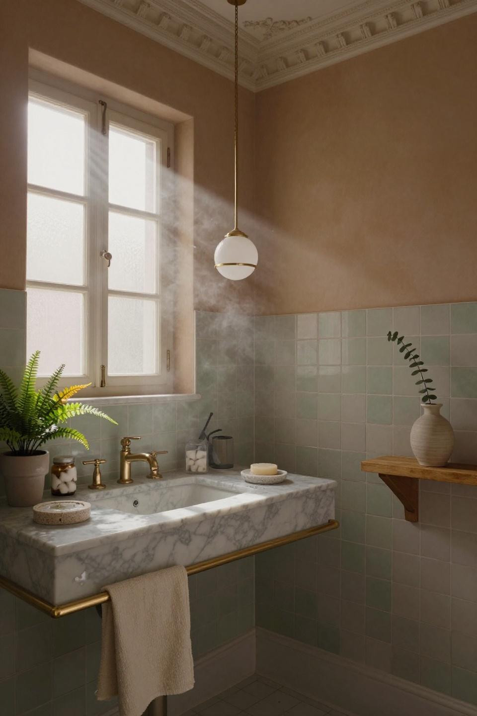 Guest Bathroom Ideas - floating sink with handmade zellige tile and brass pendant