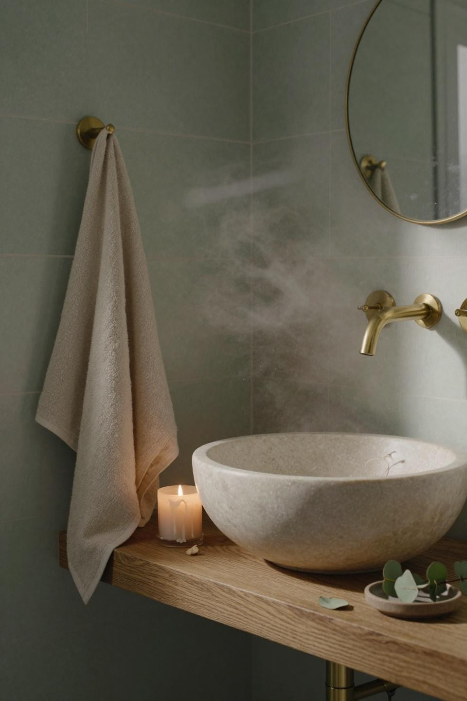 Guest Bathroom Ideas - hand-carved sink on oak shelf with sage walls