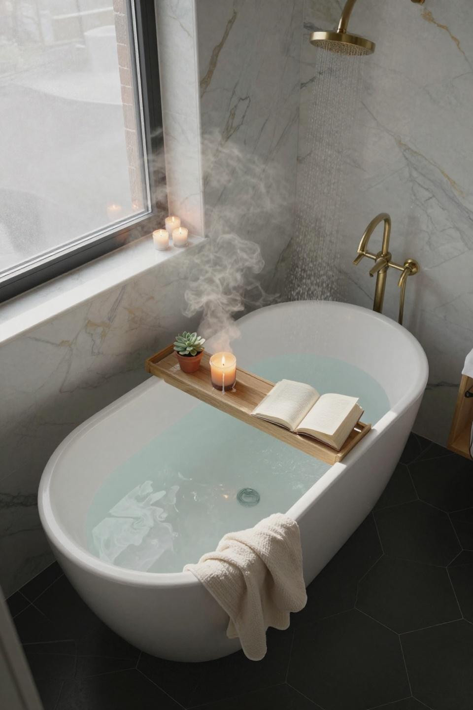 Guest Bathroom Ideas - freestanding tub with marble walls and brass fixtures