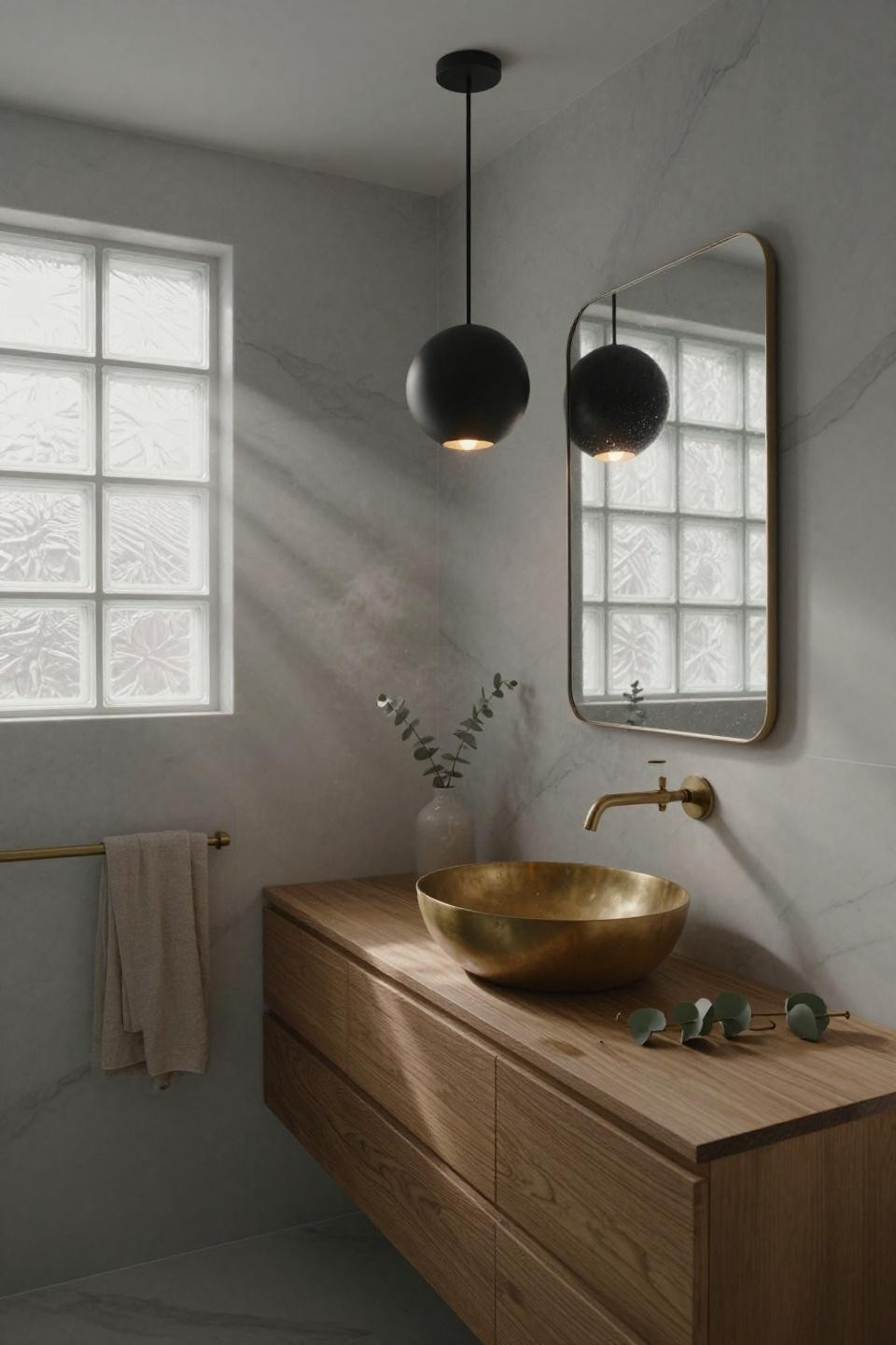 Guest Bathroom Ideas - corner view with marble walls and brass vessel sink