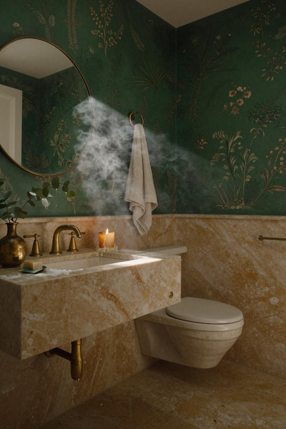 Half Bathroom Ideas - floor-to-ceiling travertine slab in luxe powder room