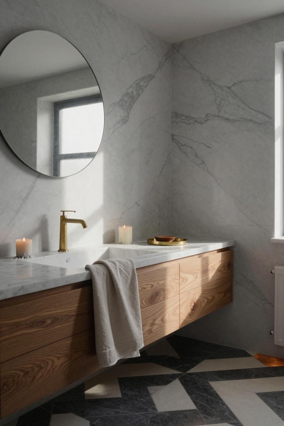 Half Bathroom Ideas - bold geometric tiles in compact modern powder room