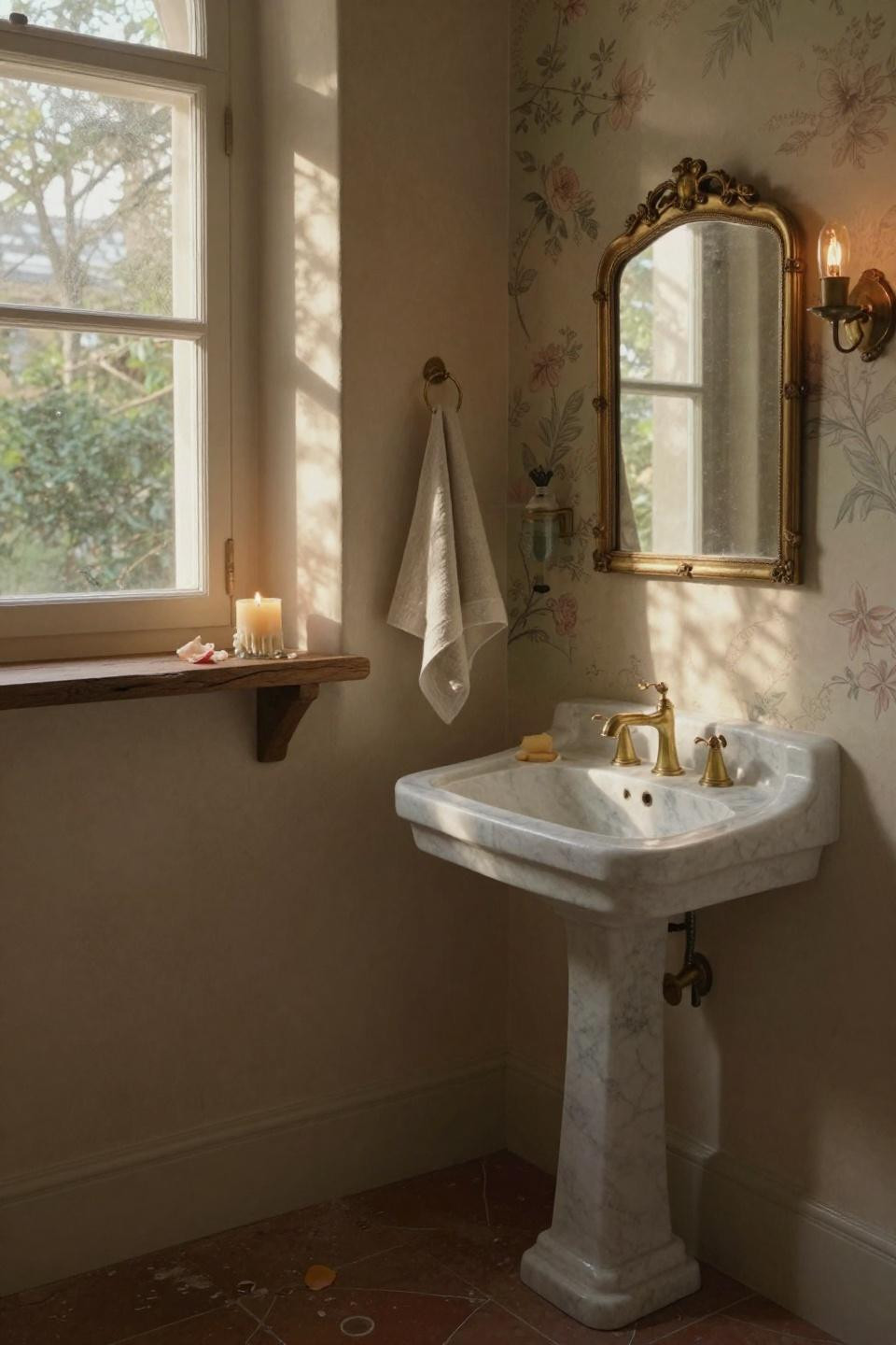 Half Bathroom Ideas - antique brass wall-mounted faucet over pedestal sink