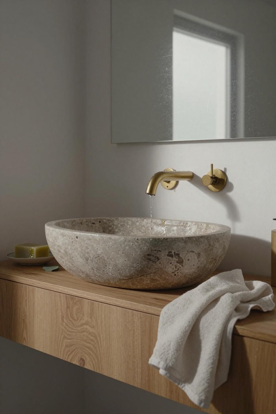 Half Bathroom Ideas - travertine vessel sink on oak vanity