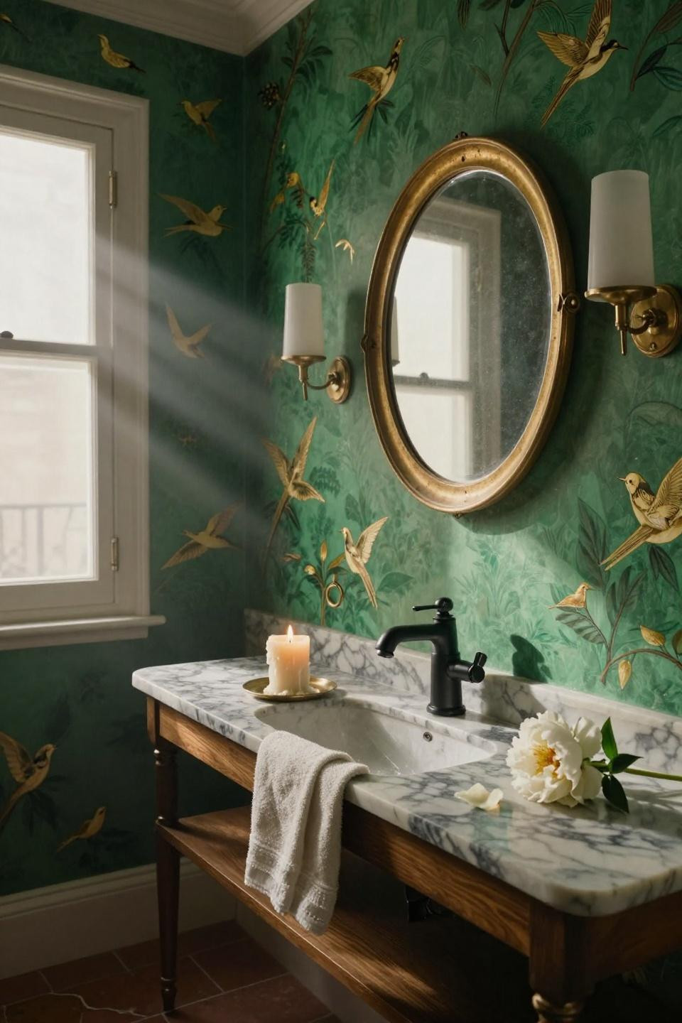 Half Bathroom Ideas - emerald green wallpaper in small powder room