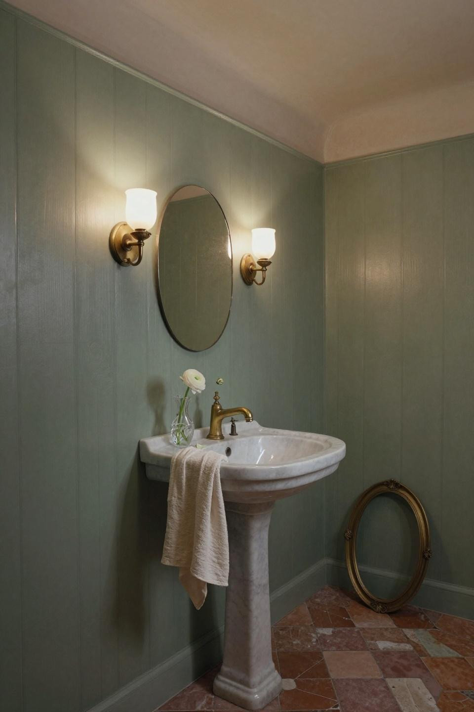 Half Bathroom Ideas - textured sage plaster with brass and marble accents